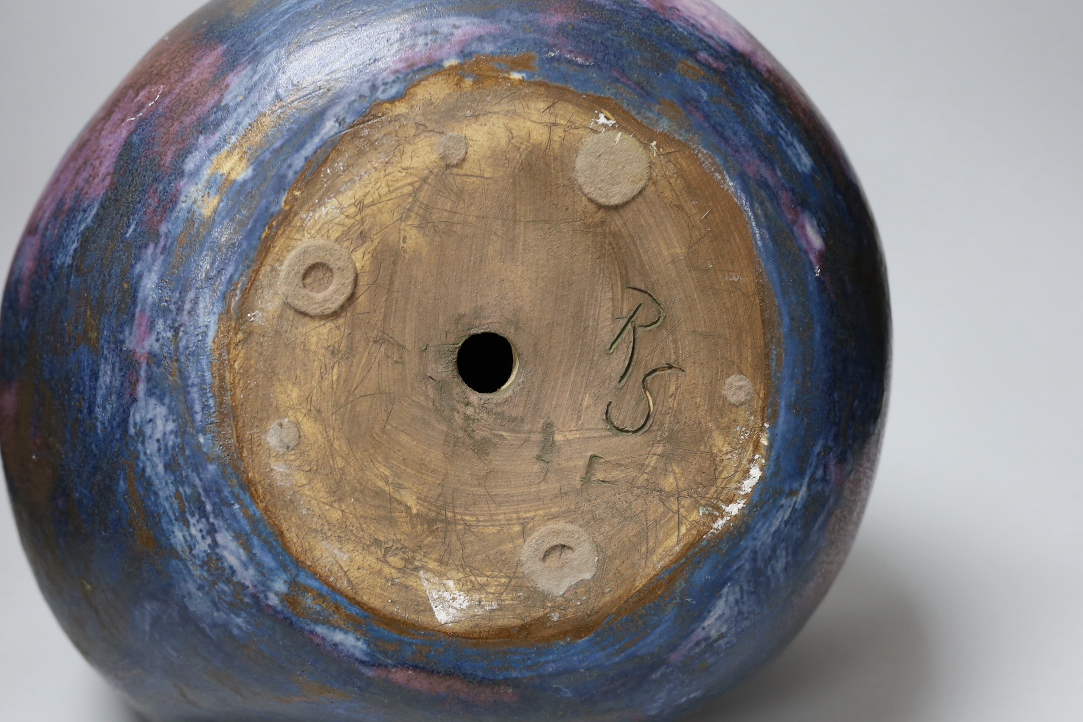 Ruth Sulke - a large studio purple and indigo nickel oxide glazed stoneware bulbous sculpture with flowing lines and hollows, 1985, 34cm, See Sulke, Ruth - Ceramic Sculpture by Ruth Sulke, Hanart 2 Gallery, 1987, page 24